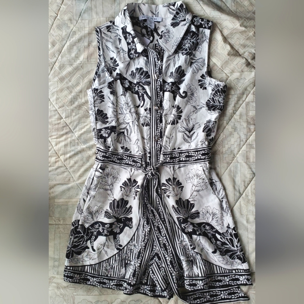 Linen Romper, Black Panther/ Jaguar Tropical Floral Print - Picture 4 of 6
